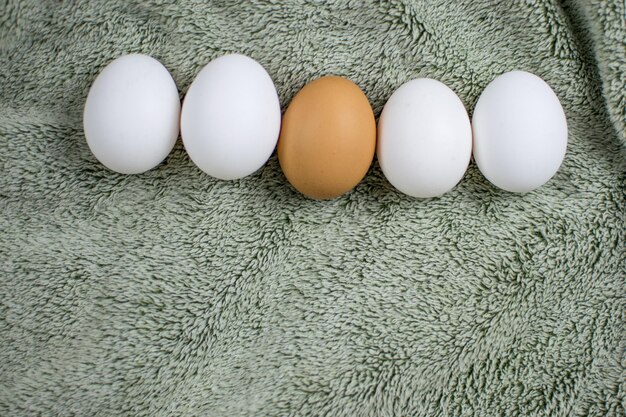 Uova di gallina di una superficie di tessuto grigio Una è marrone, le altre sono bianche Concetto non come tutti gli altri