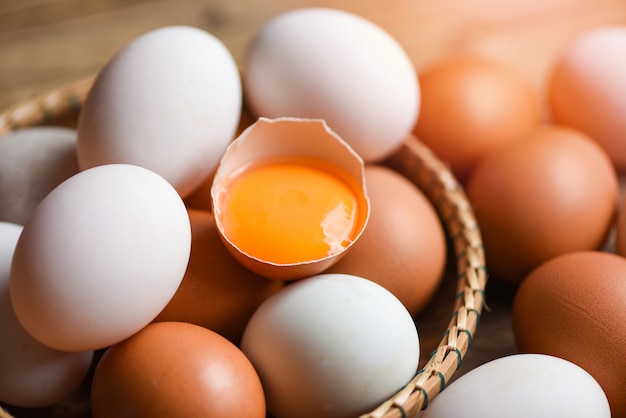 Uova di gallina e uova di anatra in un cesto / Tuorlo d'uovo rotto fresco