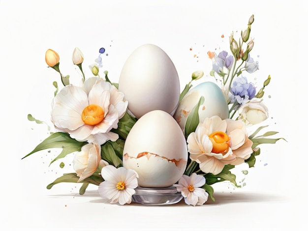 Uova di gallina fiori piante con acquerello Pasqua