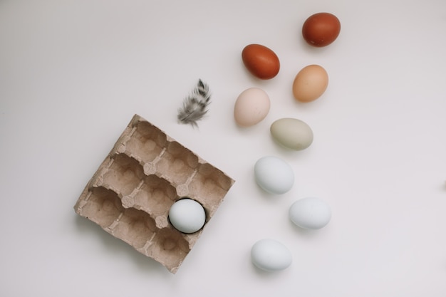 Uova di gallina fresche di sfumature e colori naturali in una scatola riciclata