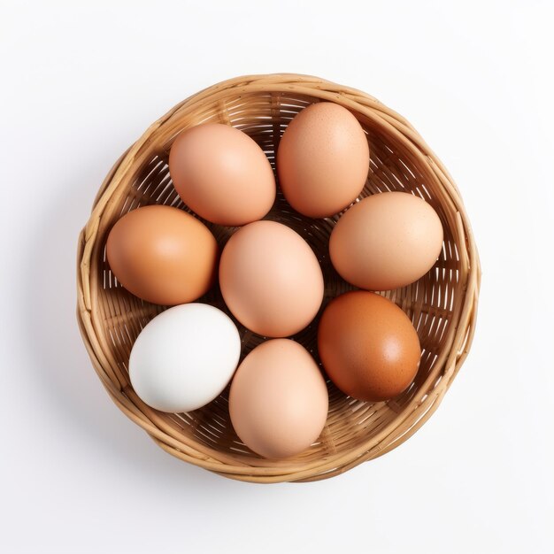 Uova di gallina fresche in un cesto su sfondo bianco Vista dall'alto