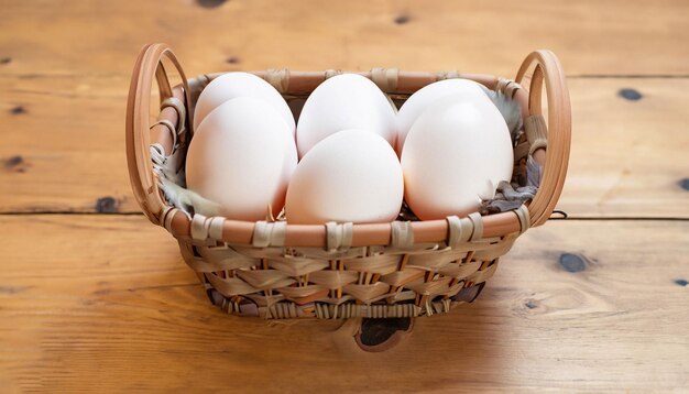 Uova di gallina in un cesto su un tavolo di legno ai generativo