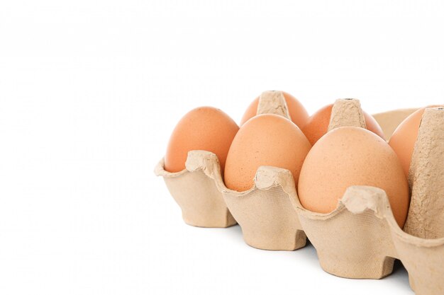 Uova di gallina marrone in scatola di cartone isolato su bianco