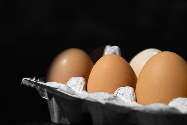 Uova di gallina organiche su fondo di legno scuro con lo spazio della copia