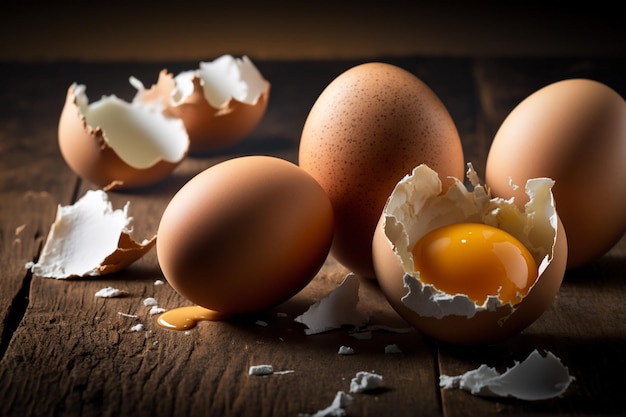 Uova di gallina uova bianche e marroni su un tavolo Uova pronte per essere utilizzate con farina e grano nella ricetta sul tavolo Tipi di uova utilizzate nella preparazione di torte e ricette varie