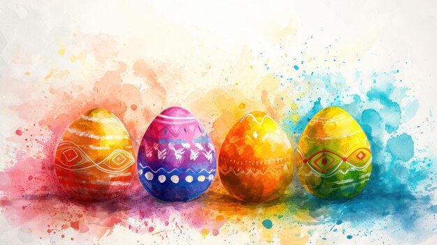 Uova di Pasqua affiancate da vibranti tratti di acquerello per un saluto vivace e allegro