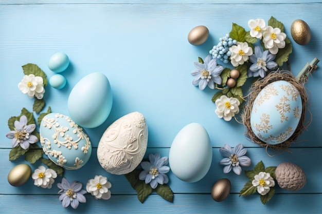 Uova di pasqua blu con fiori e un nido su uno sfondo di legno blu