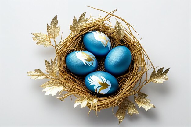Uova di pasqua blu in un nido con foglie su sfondo bianco