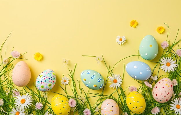 Uova di Pasqua colorate adornate con disegni nascosti tra l'erba verde e i fiori primaverili