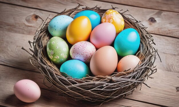 Uova di Pasqua colorate all'interno di un nido su un tavolo di legno