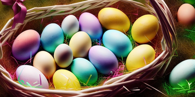 Uova di Pasqua colorate Banner di Pasqua uova dipinte colorate Uova di Pasqua in un cesto Concetto minimo Sfondo di Pasqua