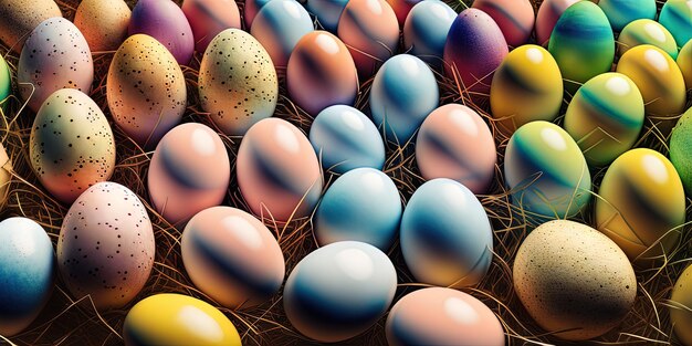 Uova di Pasqua colorate Banner di Pasqua uova dipinte colorate Uova di Pasqua in un cesto Concetto minimo Sfondo di Pasqua