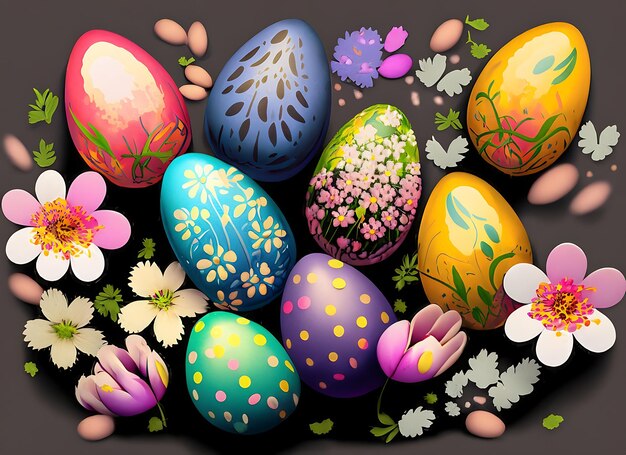 Uova di Pasqua colorate con fiori di primavera su uno sfondo nero