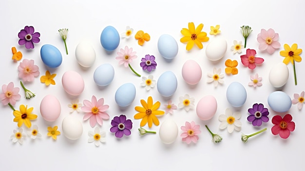 Uova di Pasqua colorate con fiori su sfondo bianco
