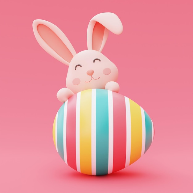 Uova di Pasqua colorate con il coniglietto di Pasqua su sfondo rosa concetto di vacanza di Pasqua felice minimal style3d rendering