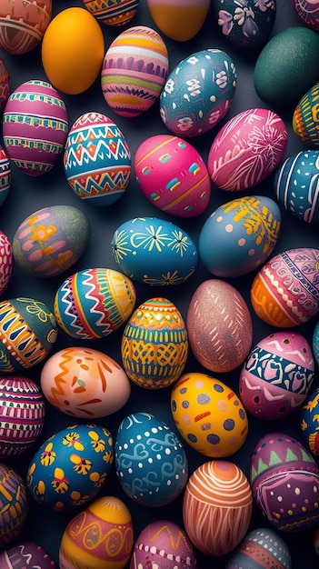 Uova di Pasqua colorate con motivi su uno sfondo scuro Il concetto della festa di Pasqua e l'artigianato