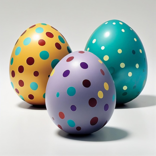 Uova di Pasqua colorate con puntini, una delle quali è viola.