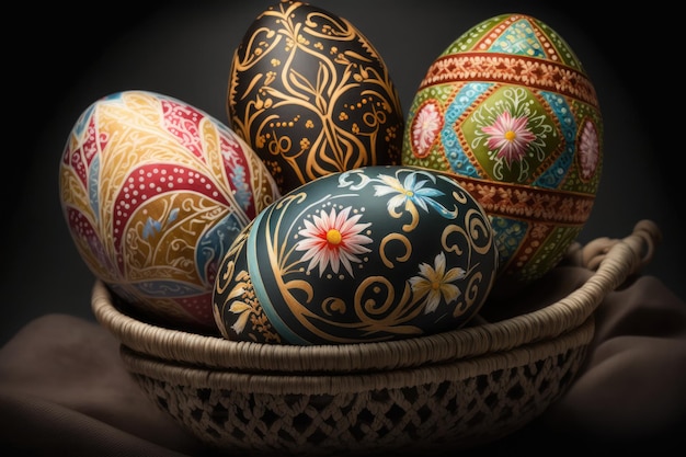 Uova di Pasqua colorate decorate con ornamenti in un cestino. Creato con la tecnologia dell'IA generativa.