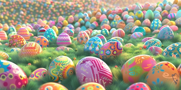 Uova di Pasqua colorate deposte sull'erba che formano una mostra d'arte festiva