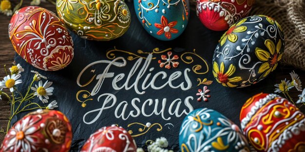 uova di Pasqua colorate dipinte a mano con testo calligrafico bandiera di Felices Pascuas