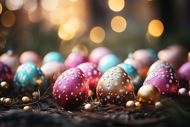 Uova di Pasqua colorate dipinte su erba verde sfocate con bokeh realistico