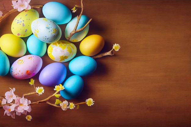 Uova di Pasqua colorate e ramo con fiori sulla scrivania in legno