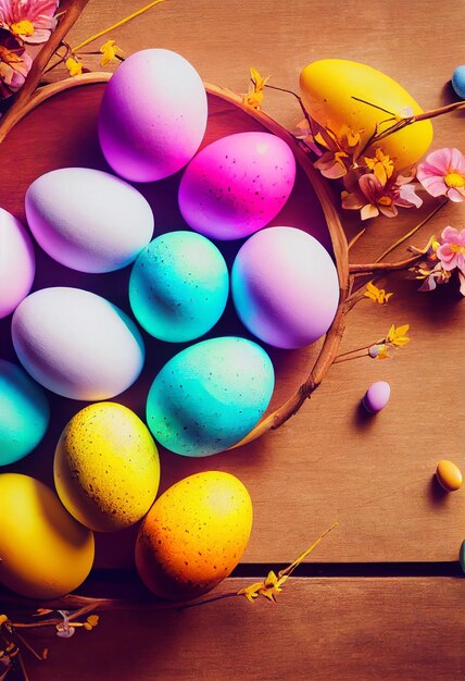 Uova di Pasqua colorate e ramo con fiori sulla scrivania in legno