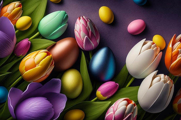 Uova di pasqua colorate e tulipani su sfondo viola IA generativa