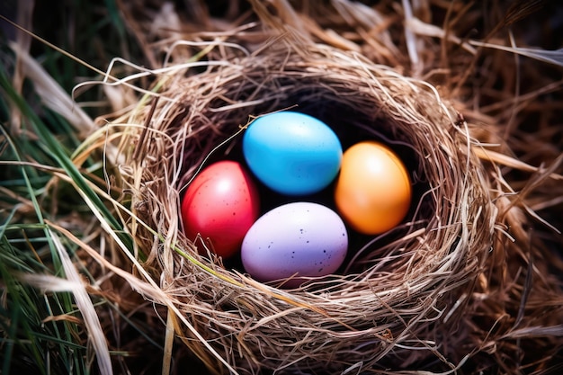 Uova di Pasqua colorate in un cestino intrecciato