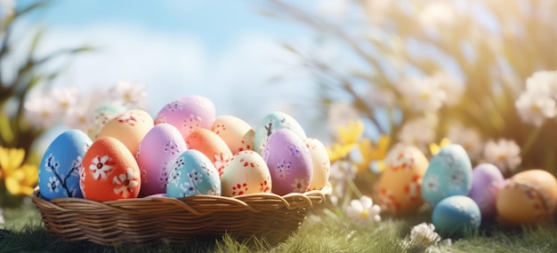 uova di Pasqua colorate in un cesto al sole primaverile