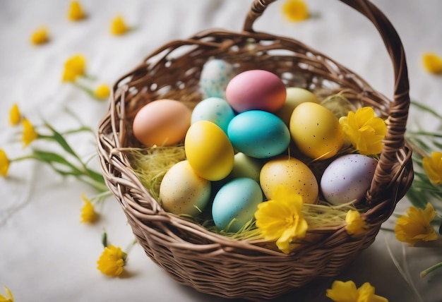 Uova di Pasqua colorate in un cesto con fiori gialli su uno sfondo bianco