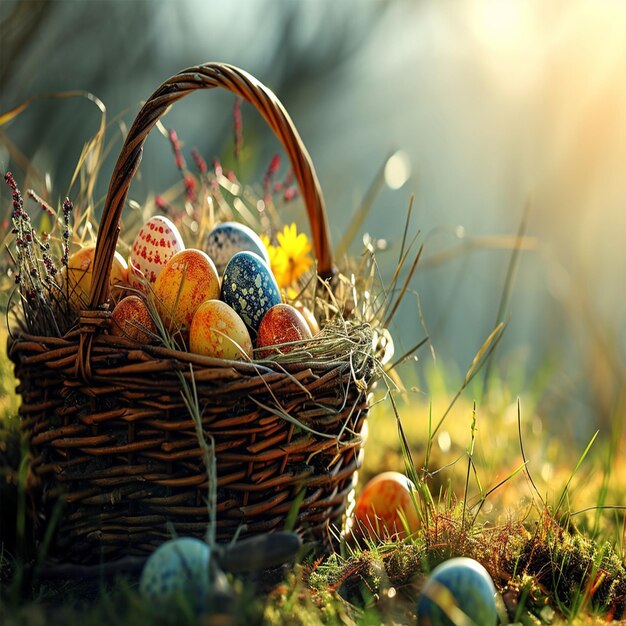 uova di Pasqua colorate in un cesto nell'erba