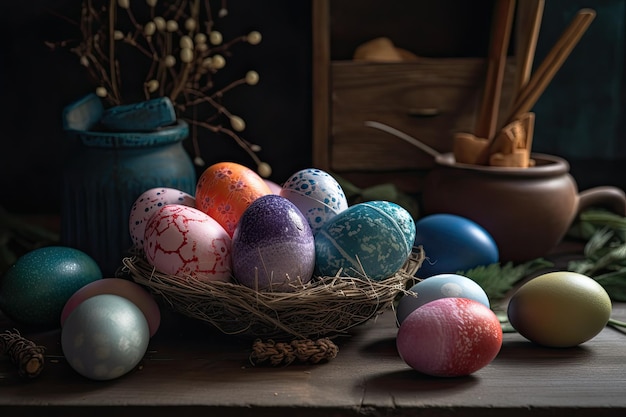 Uova di Pasqua colorate in un cesto su un tavolo di legno in stile rustico generato dall'IA