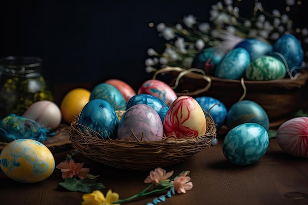 Uova di Pasqua colorate in un cesto su un tavolo di legno in stile rustico generato dall'IA