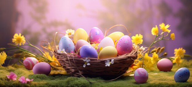 uova di Pasqua colorate in un cesto