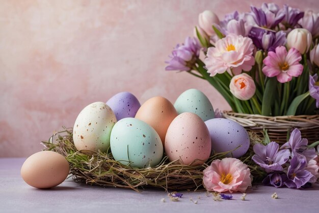 Uova di Pasqua colorate in un nido con fiori