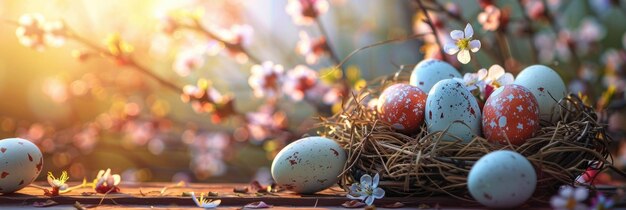 uova di Pasqua colorate in un nido su un banner di tavolo di legno con spazio di copia