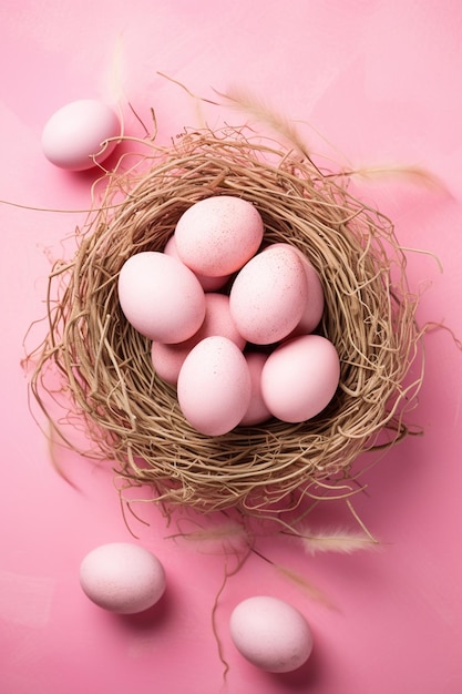 uova di Pasqua colorate in un nido su uno sfondo rosa Felice biglietto di auguri di Pasqua
