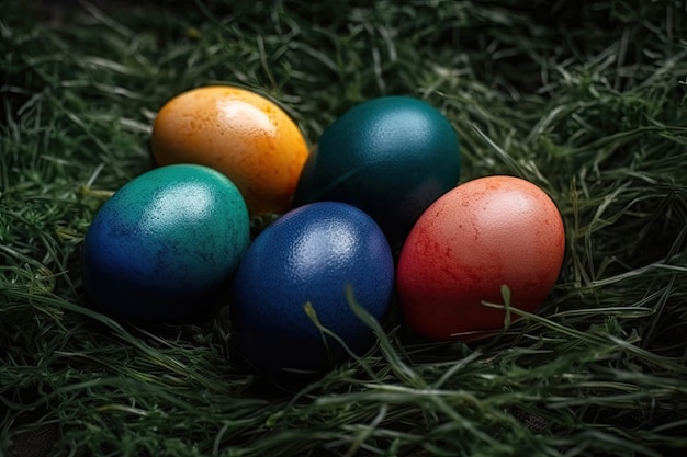 Uova di Pasqua colorate nascoste nell'erba IA generativa
