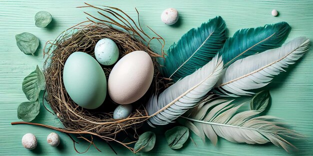 Uova di Pasqua colorate piume in un nido su uno sfondo di legno Banner o poster Il concetto minimo