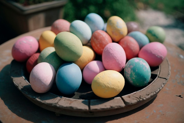 Uova di Pasqua colorate preparate per la celebrazione Ai generato