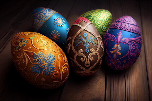 Uova di Pasqua colorate su fondo in legno Illustrazione realistica Ia generativa