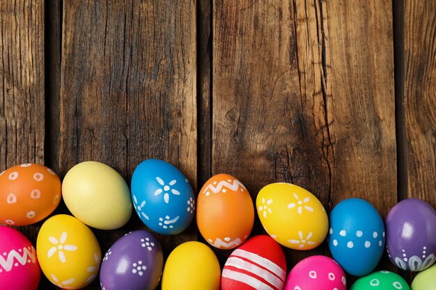 Uova di Pasqua colorate su sfondo di legno piatto Disposizione spazio per il testo