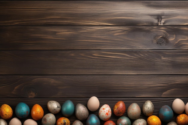 Uova di Pasqua colorate su sfondo di legno scuro con spazio per la copia