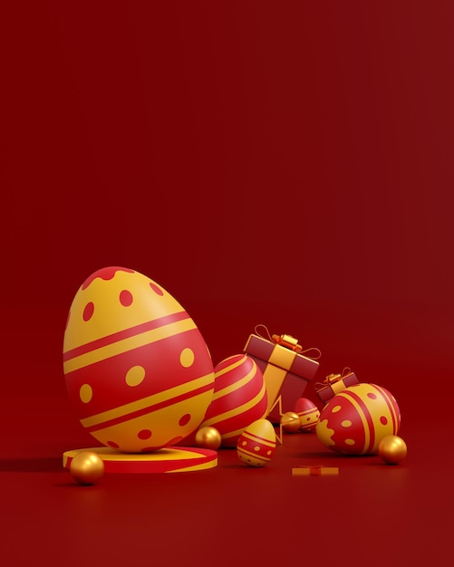 Uova di Pasqua colorate su sfondo rosso Illustrazione 3D del concetto di giorno di Pasqua felice