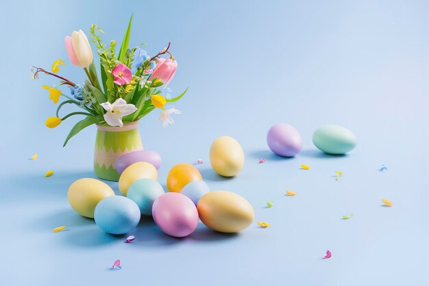 Uova di Pasqua colorate su uno sfondo blu con fiori di primavera in un vaso