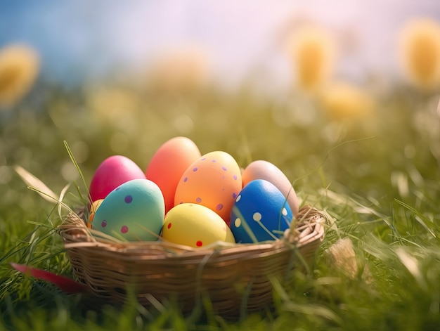 Uova di pasqua colorate sull'erba con morbida luce mattutina IA generativa