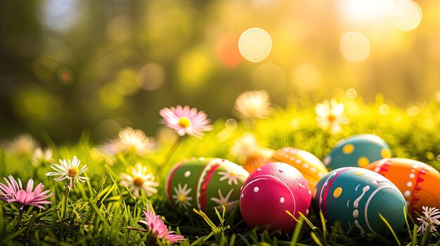 Uova di Pasqua colorate sull'erba verde con margherite nel giardino ai generativo