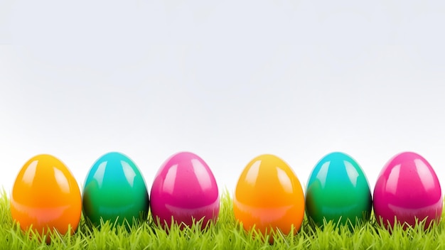 Uova di Pasqua colorate sull'erba verde con spazio per il testo