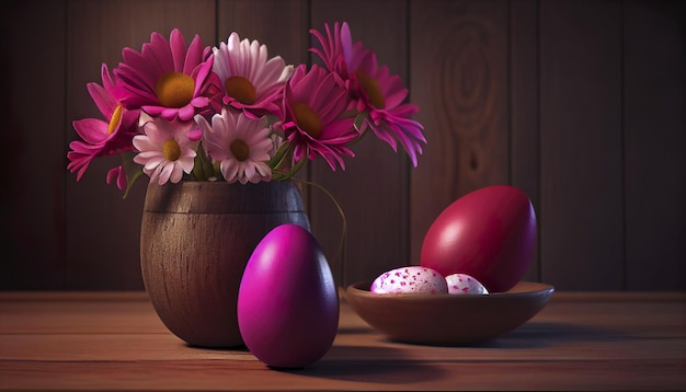 Uova di Pasqua colorate un vaso di colore su un tavolo di legno colori rosa e magenta uno spazio di concetto rustico per il testo AI generato